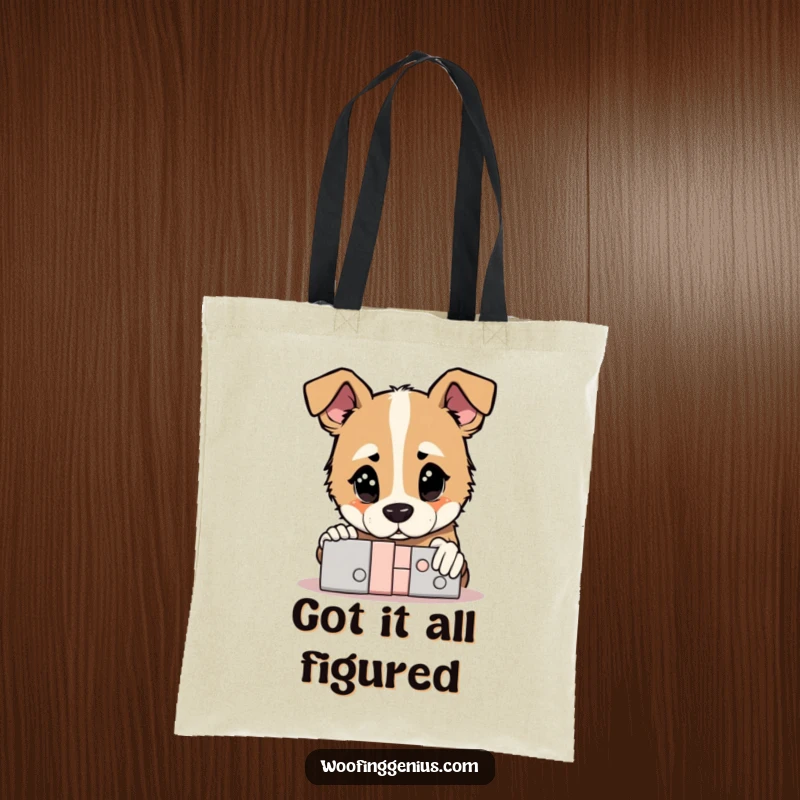 Funny Tote Bag: Dog with a thoughtful gaze looking at a solved complex puzzle, a humorous and practical accessory.