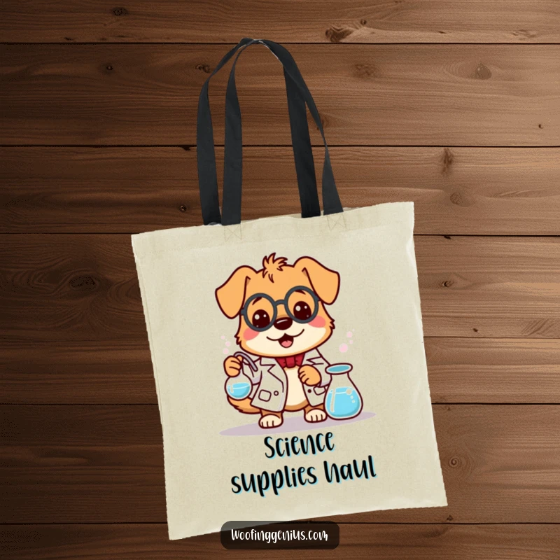 Funny dog in a lab coat carrying a bubbling beaker on a tote bag, ideal for school or lab.